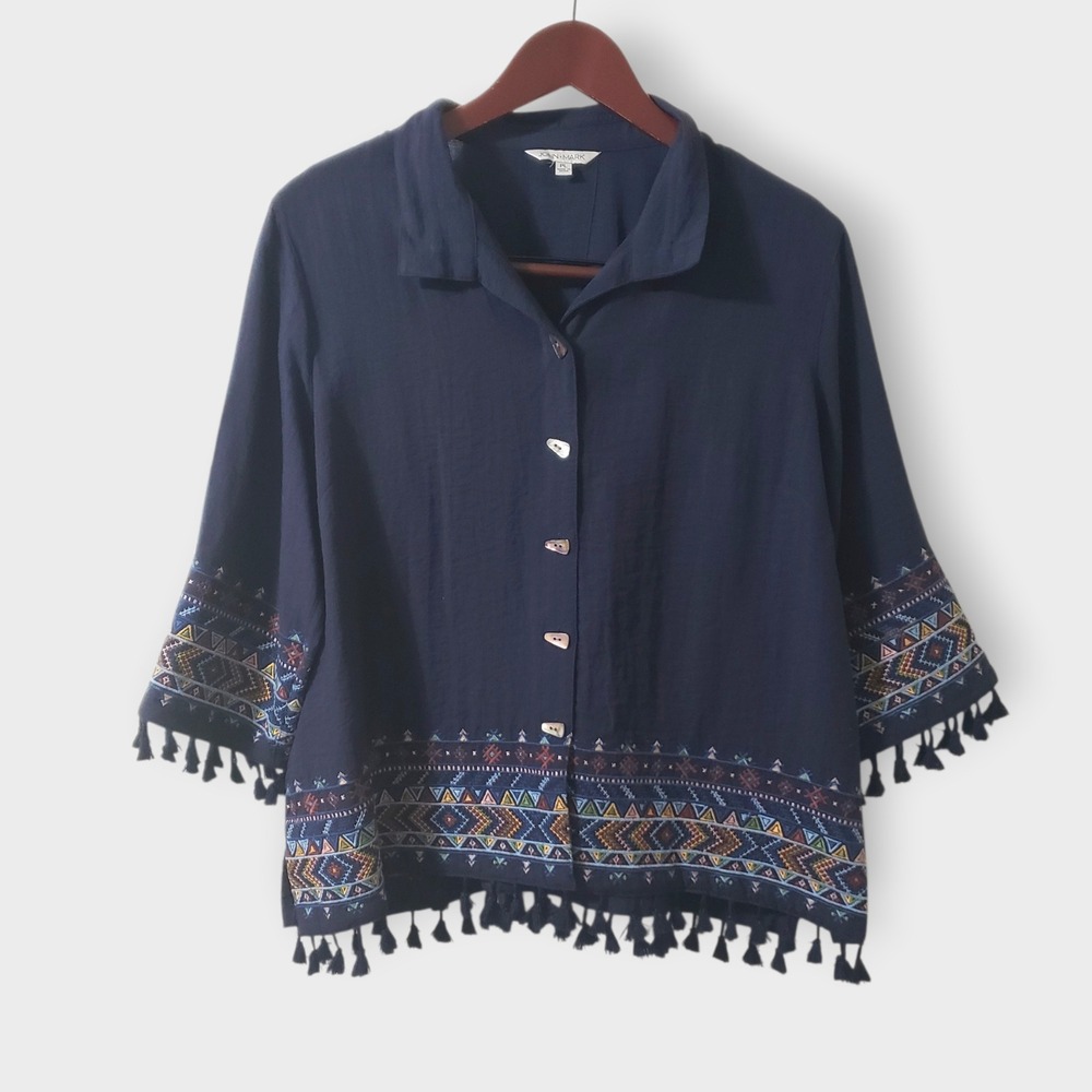 John Mark Indian Summer Embroidered Blouse Navy Blue Tassel Sz PL Boho